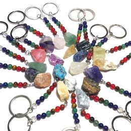 Fashion Rough Raw Stone Key Rings 7 Colours Chakra Beads Chain Pendant Keychain Natural Quartz Stones Pink Crystal Keychains