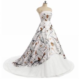 2021 Vintage White Camo Wedding Dress Strapless Lace-up Corset back realtree Camouflage Boho Beach Country Bridal Dresses Vestidos2926