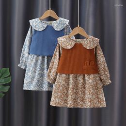Girl Dresses Baby Girls Clothes Doll Round Neck Small Floral Dress Vest Two-piece Spring And Autumn Children Flowers Kids