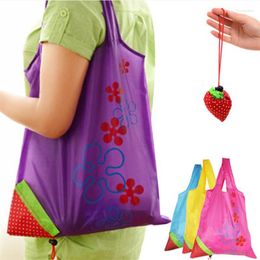 Storage Bags Printed Strawberries Foldable And Reusable Shopping Bag Nylon Green Handbag Convenient For Large Capacity Stora