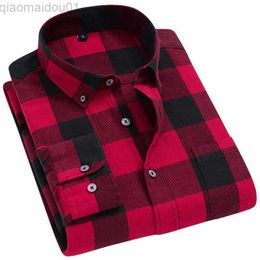 Men's Casual Shirts Men's Fashion Long Sleeve Brushed Flannel Shirt Single Pocket Comfortable 100% Cotton Casual Slim Fit Button-down Plaid Shirts L230721