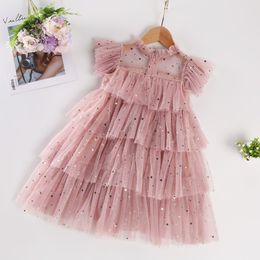 Girls Tulle Lace Cake Princess Dress Children Sequin Wedding Tutu Elegant Bridesmaid Party Pink Fluffy Kids Birthday Clothes