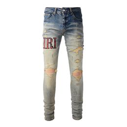 Дизайнерские джинсы мужчина буква бренд логотип бренд белый черный рок брюки байкерские брюки Man Pant Broken Hole Вышивая размер 28-40 топ качества