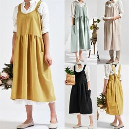 Women Cotton Linen Bib Apron Sleeveless Pinafore Home Cooking Florist Dress257M