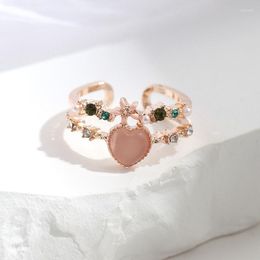 Cluster Rings Pink Heart Zircon Open Ring For Women Girls Adjustable Double Layer Rhinestones Sweet Flower Metal Accessories Jewellery Gifts