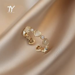 Sweet Heart-shaped Opals Zircon Gold Colour Open Rings For Womans 2022 Korean Fashion Jewellery Girl's Finger Elegant Accessories