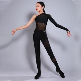 Stage Wear Girls Latin Dance Jumpsuit Black One-Sleeve Training Clothes Kids Cha Competition Pants DNV18190
