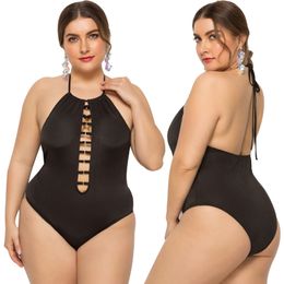 European and American women's bikini solid color backless sexy neckline hollowed out suspender large 2XL-5XL one piece swimsuit AST2682