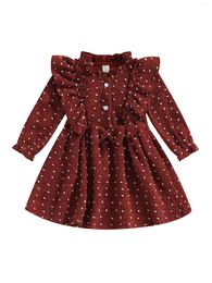 Girl Dresses Baby Girls Swiss Dot Ruffles Buttons Long Sleeve Dress - Adorable Fall Casual Clothes For Your Little Princess