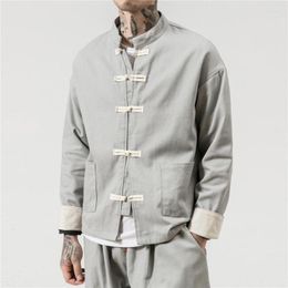 Men's Jackets Mens Chinese Traditional Retro Coat Man Spring Long Sleeve Suit Mandarin Collar Buckle Jacket Oriental Cotton Shirt