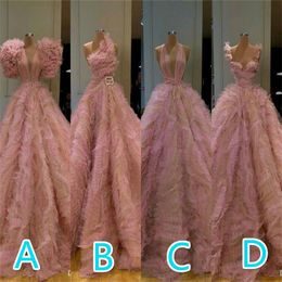 New Arrival Gorgeous Long Sleeve Evening Dresses Pink Puffy Sexy Prom Dress Tulle Formal Evening Gowns robe de soiree Custom Made204A
