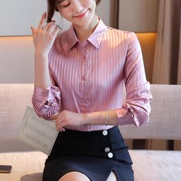 Elegant Office Ladies Work Shirt Women Blouse Spring Autumn Long Sleeve Satin Silk Shirt Female Tops Pink Blue Striped