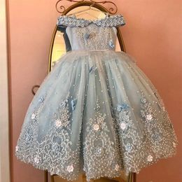 Light Sky Blue Ball Gown Pearls Flower Girl Dresses For Wedding Party Gowns Floor Length Tulle First Communion Dress322s