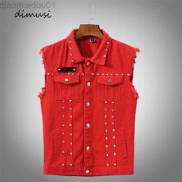 Men's Jackets DIMUSI Autumn Mens Vest Vintage Denim Jeans Vest Male Red Revit Sleeveless Jackets Men Retor Hole Jeans Waistcoats Clothing 5XL L230721