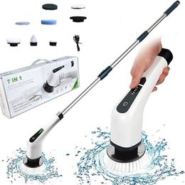 Mops Electric Spin Scrubber Cleaning Turbo Scrub Brush with 7 Replacement Heads Adjustable Handle Kitchen Bathroom Clean Tools 230721