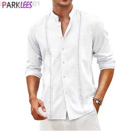 Men's Casual Shirts Mens Stylish Linen Cotton Henley Shirt Casual Roll Sleeve Cuban Guayabera Shirts Men Banded Collar Summer Hippie Beach Shirt 3XL L230721