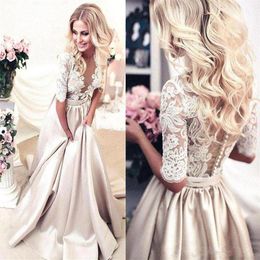 Half Sleeves Prom Dresses Applique Covered Button Back Lace Evening Long Dresses Junior Skinny Girl Party Gowns289d