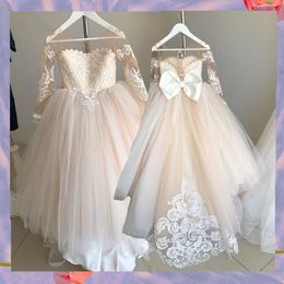 2-14 Years Lace Tulle Flower Girl Dress Bows Children's First Communion Dress Princess Ball Gown Wedding Party Dress253Q