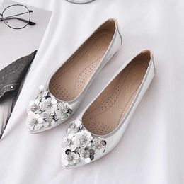 Dress Shoes lace flower ballet flats women mules pointed toe sequines cloth crystal beading moccasins 41-45 big size floral slip on loafers L230721