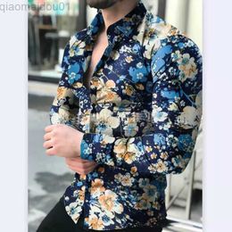 Men's Casual Shirts 2022 New Mens Shirt Spring Flowers Printing Fashion Autumn Casual Turn-down Collar Buttoned Long-sleeved Loose Shirt For Male L230721
