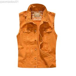 Men's Jackets Men Slim Denim Vests Jackets New Fashion Male Orange Fit Denim Coats Vests Large Size Street Wear Holes Jeans Vest Size S-5XL L230721