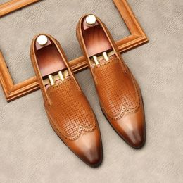 Luxury Genuine Leather Men's Dress Shoes British Trend Summer Breathable Hollow Style Elegant Brogues Wedding Loafers Shoes Man