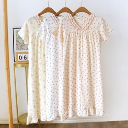 Women's Sleepwear Korean Style Womens Nightgown Floral Night Dress Summer Lace V-neck Pullover Sleep Nightwear Ruffles Pajamas Short Sle