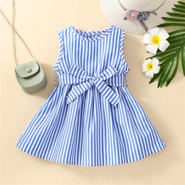 0-2 Years Newborn Infant Baby Girls Dress Summer Sleeveless Bowknot Princess Dress Blue Striped Sundress For Infant Baby Girls