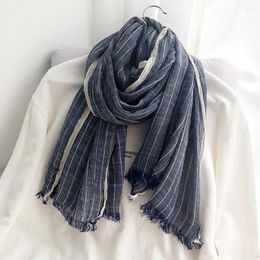 Scarves Unisex Japanese Style Scarf Cotton And Linen Striped Women's Lon Sawl Crinkle Wraps Bufandas Fasion Men Winter