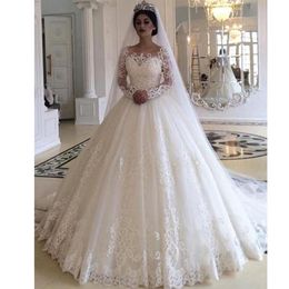 Romantic Princess Long Sleeve Wedding Dresses O-neck Lace Appliques Church Wedding Gowns Sweep Train Tulle Abric Bridal Dress229m