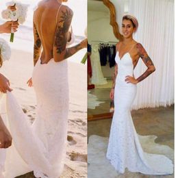 White Lace Backless Mermaid Boho Wedding Dresses 2020 Spaghetti Straps Low Back Summer Dresses Beach Wedding Gowns279i