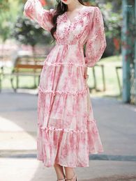 Casual Dresses High Quality And Elegant Chiffon Printed Dress With Drawstring Embroidery 2023 Fashionable Women'S Clothing