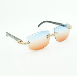 Neue Moissanit-Diamant-Buffs-Sonnenbrille für Männer und Frauen, schwarze, strukturierte Büffelhörner-Sonnenbrille 3524015, Größe: 57–18–140 mm