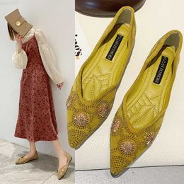 Dress Shoes crystal flower decoration flat shoes woman pointy suede leather glitter rivets flats brand D'orsay shoes woman sequins mules L230721