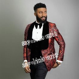 Popular One Button Wine Pattern Groom Tuxedos Shawl Lapel Groomsmen Mens Suits Wedding Prom Dinner Blazer Jacket Pants Vest Tie 2691