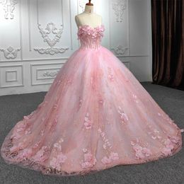 2024 Pink Shiny Sweetheart Quinceanera Dresses Appliques 3D Flowers Tulle Elegent Princess 15 Ballkleider Graduation Ball Gowns