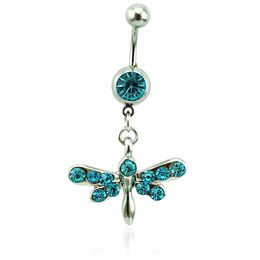 Body Jewelry Fashion Belly Button Rings 316L Stainless Steel Barbell Dangle Blue Rhinestone Dragonfly Navel Piercing Jewelry260Q