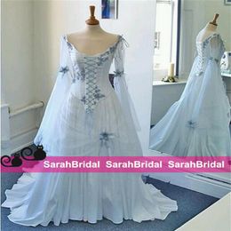 2022 Vintage Celtic Wedding Dress Ivory and Pale Blue Colourful Mediaeval Bridal Gowns Scoop Corset Long Sleeves Appliques Custom Ma246y