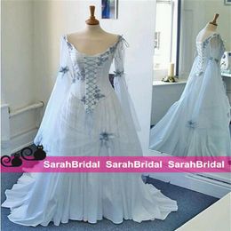 2022 Abito da sposa celtico vintage Avorio e blu pallido Abiti da sposa medievali colorati Scoop Corsetto Maniche lunghe Appliques Personalizzato Ma246y