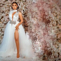 2021 Wedding Dresses for Bride High Neck Side Split Sweep Train Illusion Bodice Crystal Beads Chapel Garden Bridal Gowns vestidos 296w