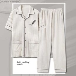 Men's Sleepwear M-3XL Summer Elegant Pajamas Knitted Cotton Men's Pajamas Set Long Pants Pajamas Plus Size Pajamas Z230721