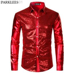 Men's Casual Shirts Red Sequin Metallic Patchwork Shirt Men 2023 New 70's Disco Nightclub Sparkle Shirt Mens Halloween Party Stage Prom Come 2XL L230721