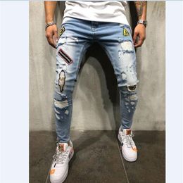 Men Jeans Male hole badge embroidery denim trousers pants Men's streetwear hiphop skinny Casual Patch Jeans3403