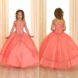 Coral Crystals Beaded Girls Pageant Dresses 2020 Sleeveless Lace Organza Flower Girl Dresses Corset Back Pageant Gowns For Teens2252