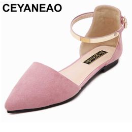 Dress Shoes CEYANEAOBig Size34-42Women's Pointed Toe Ballet Flats With Metal Ankle Strap Flat Shoes Ladies Buckle Flats Zapatos MujerE2153 L230721