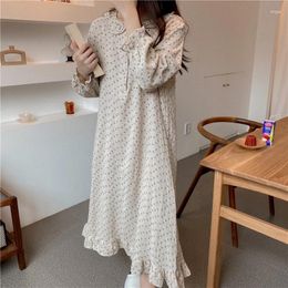 Women's Sleepwear Korean Flowers Print Spring Nightgown Women Vintage Long Loose Casual Ruffles O-Neck Buttons Nightdress Cotton