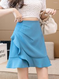 Skirts FTLZZ Summer Elegant Women Empire Slim Solid Skirt Casual Lady Ruffled Asymmetric Mini Fashion A-line