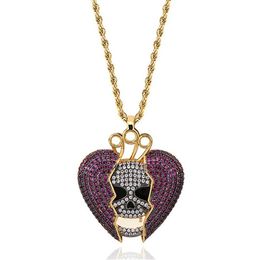 14K Iced Out Skull Skeleton Purple Heart Juice Wrld Pendant Necklace Micro Pave Cubic Zircon Hiphop Fashion Jewelry204O