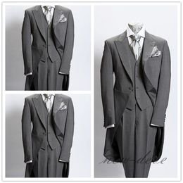 Wedding Tuxedos Dim Grey Trim 3Pcs Men's Suits With Tail Coat Slim Fit British Plaid Custom Tuxedos Jacket Pants Vest200L