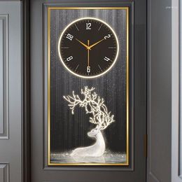 Wall Clocks 40 80CM Elk Aluminium Alloy Hanging Clock Crystal Porcelain Painting Living Room Decoration